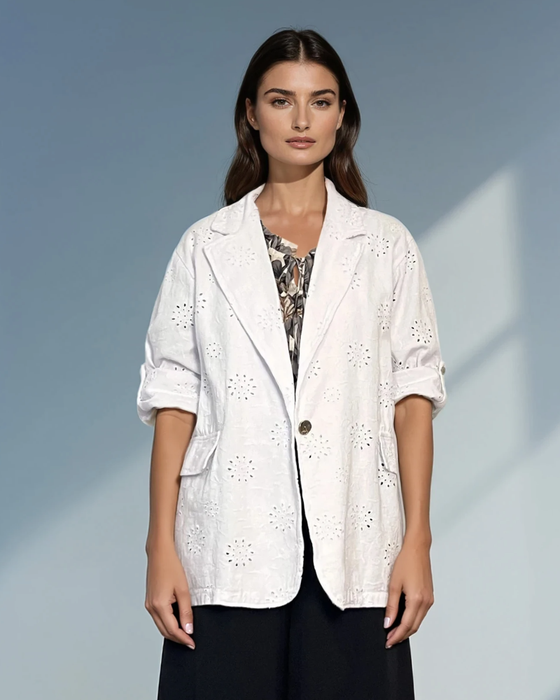 Sacou din bumbac oversized cu broderie spartă florală alb 