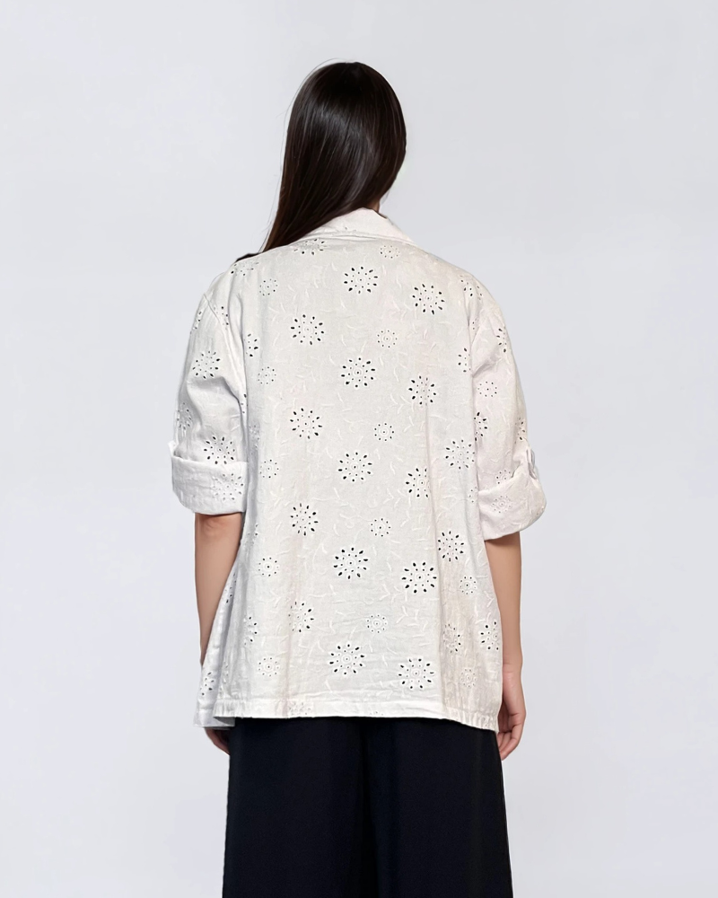 Sacou din bumbac oversized cu broderie spartă florală alb 