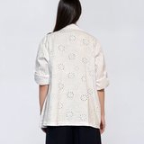 Sacou din bumbac oversized cu broderie spartă florală alb 