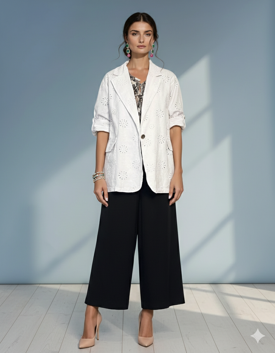 Sacou din bumbac oversized cu broderie spartă florală alb 