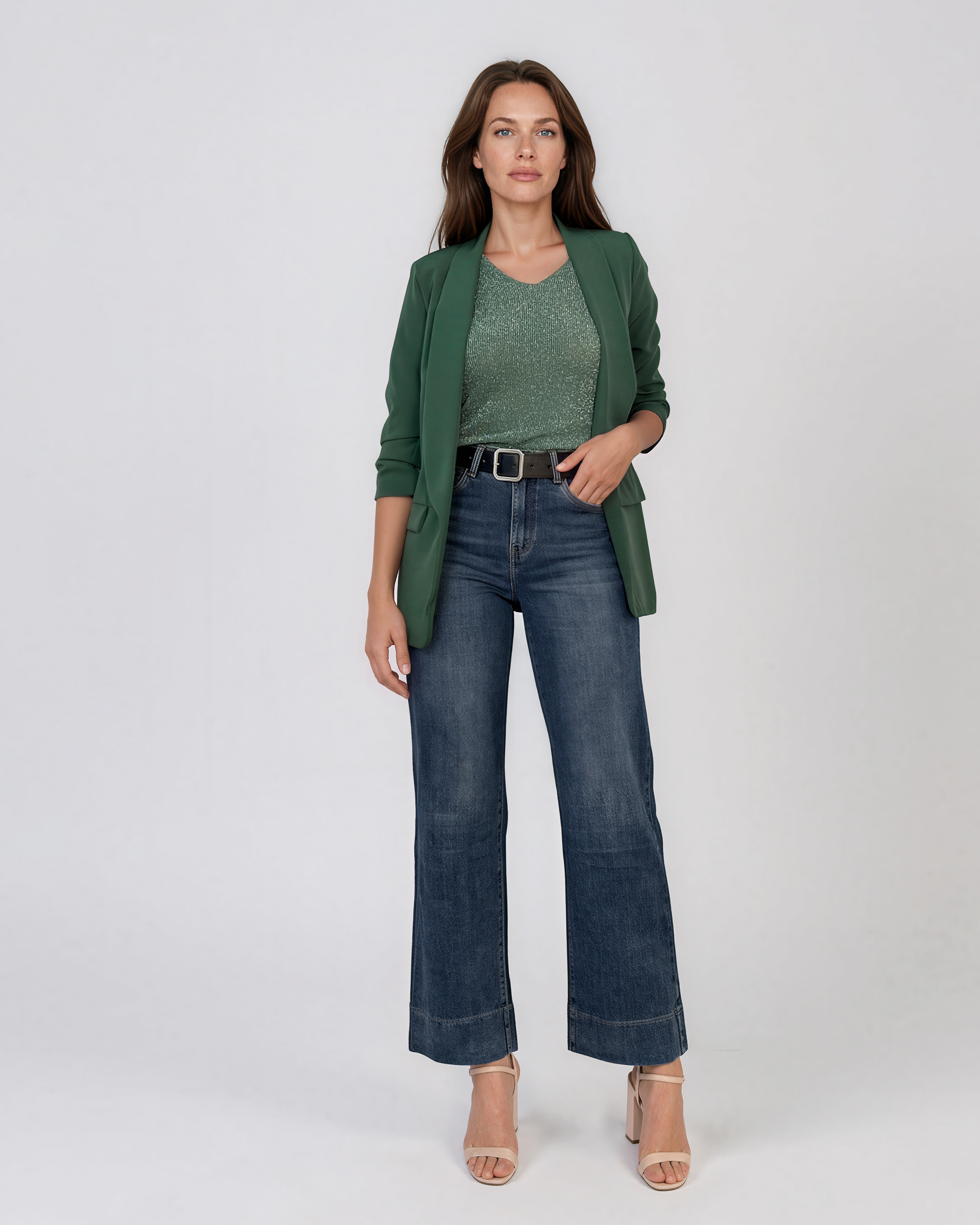 Sacou elegant cu mânecă încrețită și buzunar fals cu clapetă verde HL225