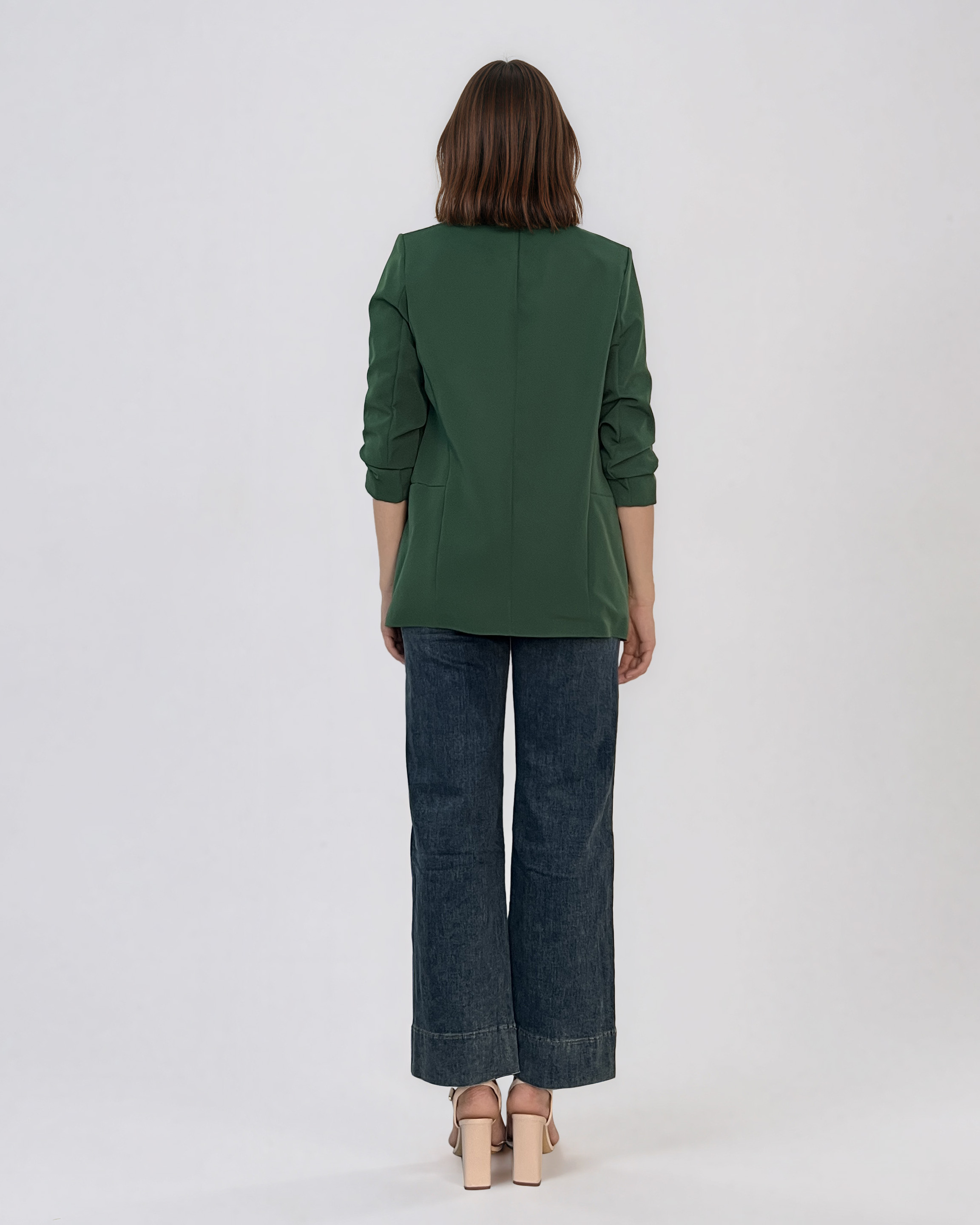 Sacou elegant cu mânecă încrețită și buzunar fals cu clapetă verde HL225