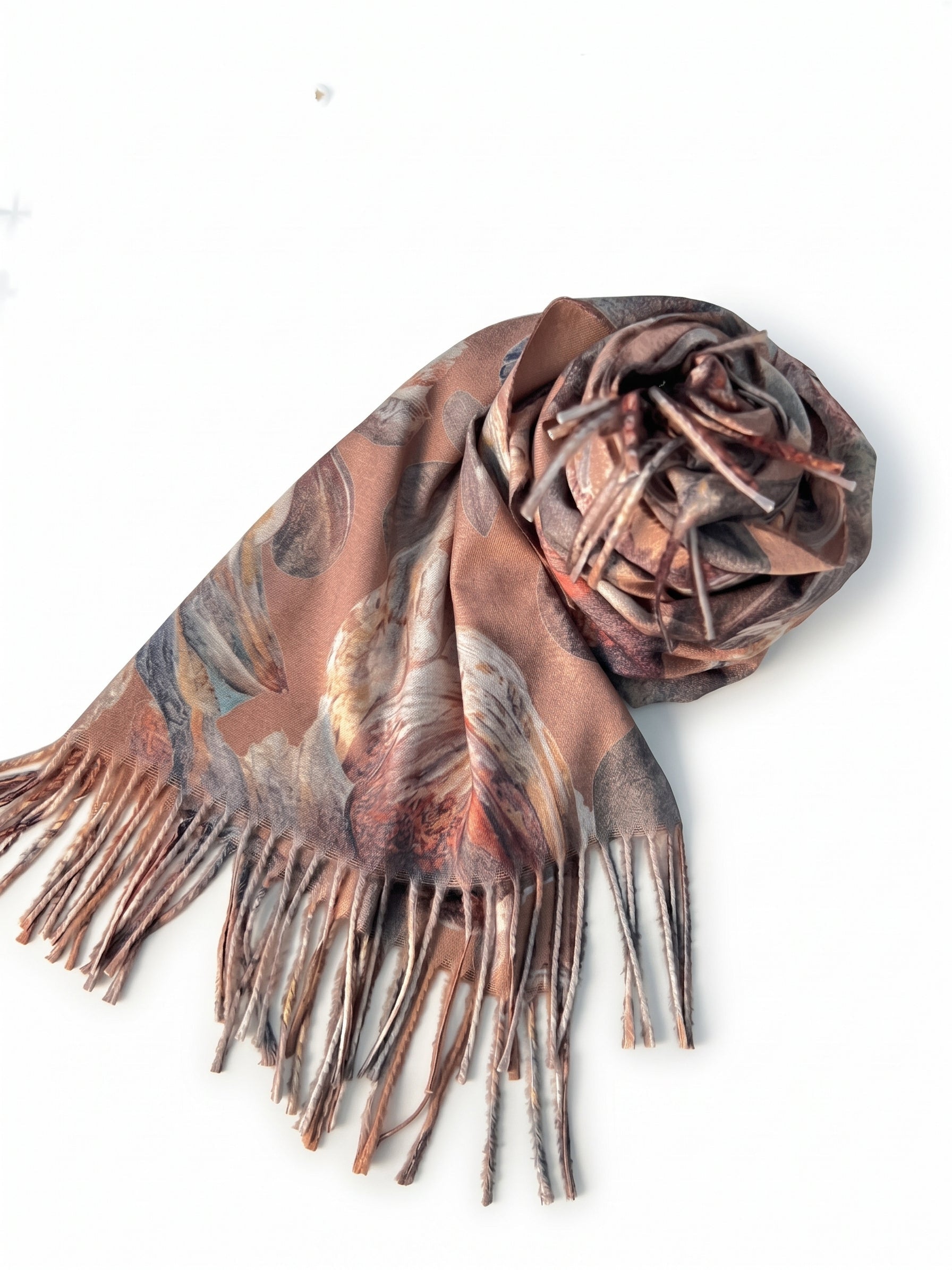 Şal cu lână, imprimeu floral şi franjuri beige KE486