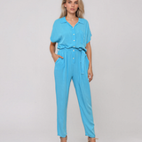 Salopetă din vâscoză cu pantalon conic și cordon în talie bleu HL191