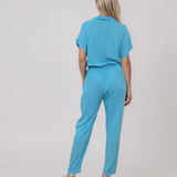Salopetă din vâscoză cu pantalon conic și cordon în talie bleu HL191