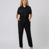 Salopetă din vâscoză cu pantalon conic și cordon în talie negru HL191