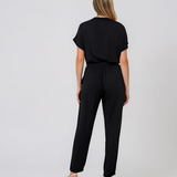 Salopetă din vâscoză cu pantalon conic și cordon în talie negru HL191