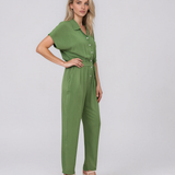 Salopetă din vâscoză cu pantalon conic și cordon în talie verde HL191