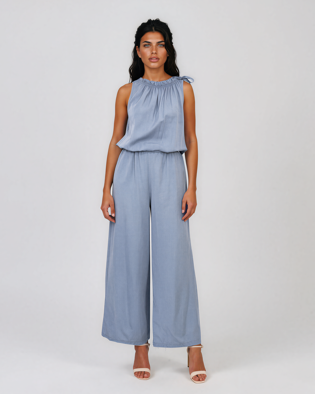 Salopetă lungă fără mâneci cu legătură la gât albastru-jeans HL125
