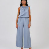 Salopetă lungă fără mâneci cu legătură la gât albastru-jeans HL125