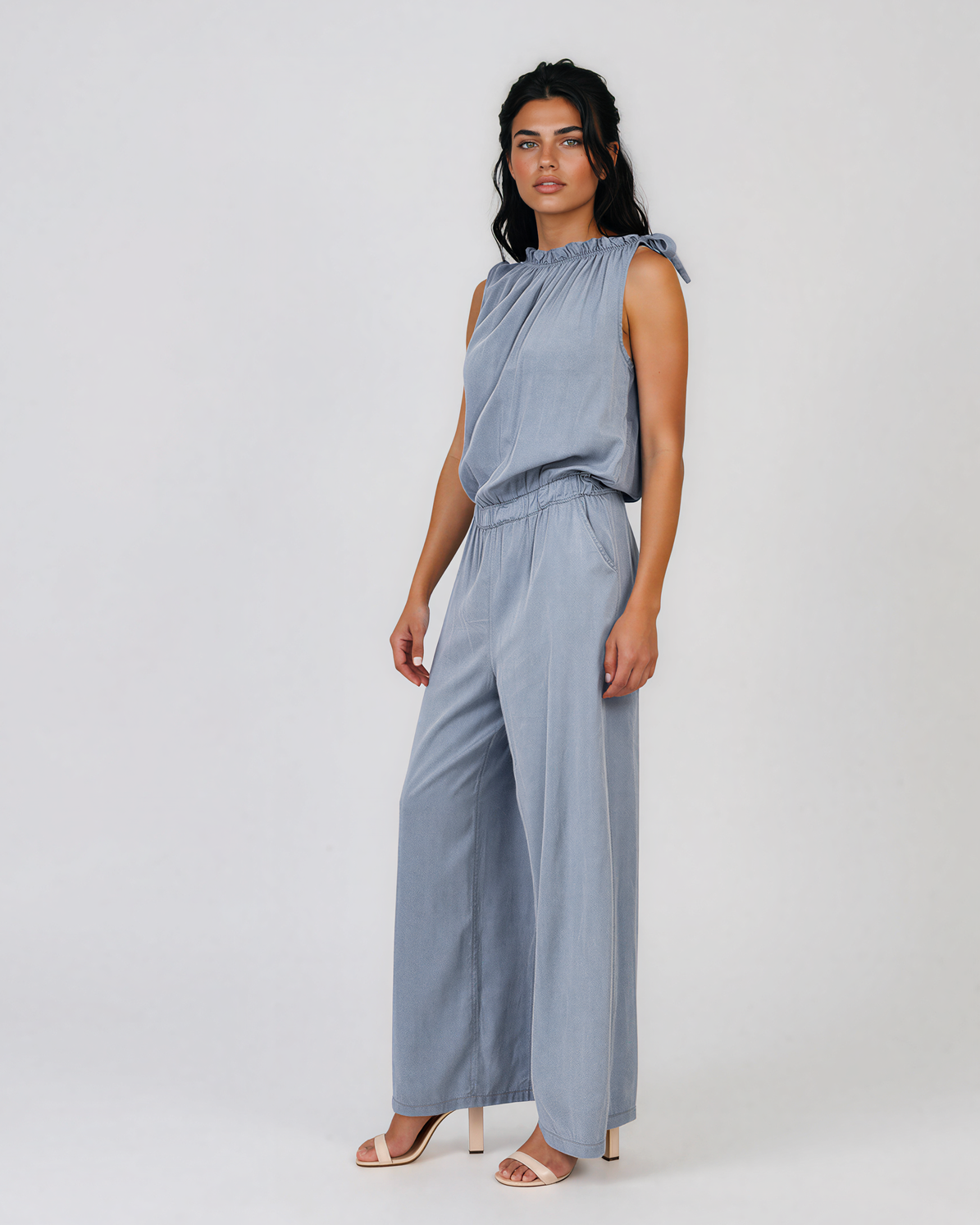 Salopetă lungă fără mâneci cu legătură la gât albastru-jeans HL125