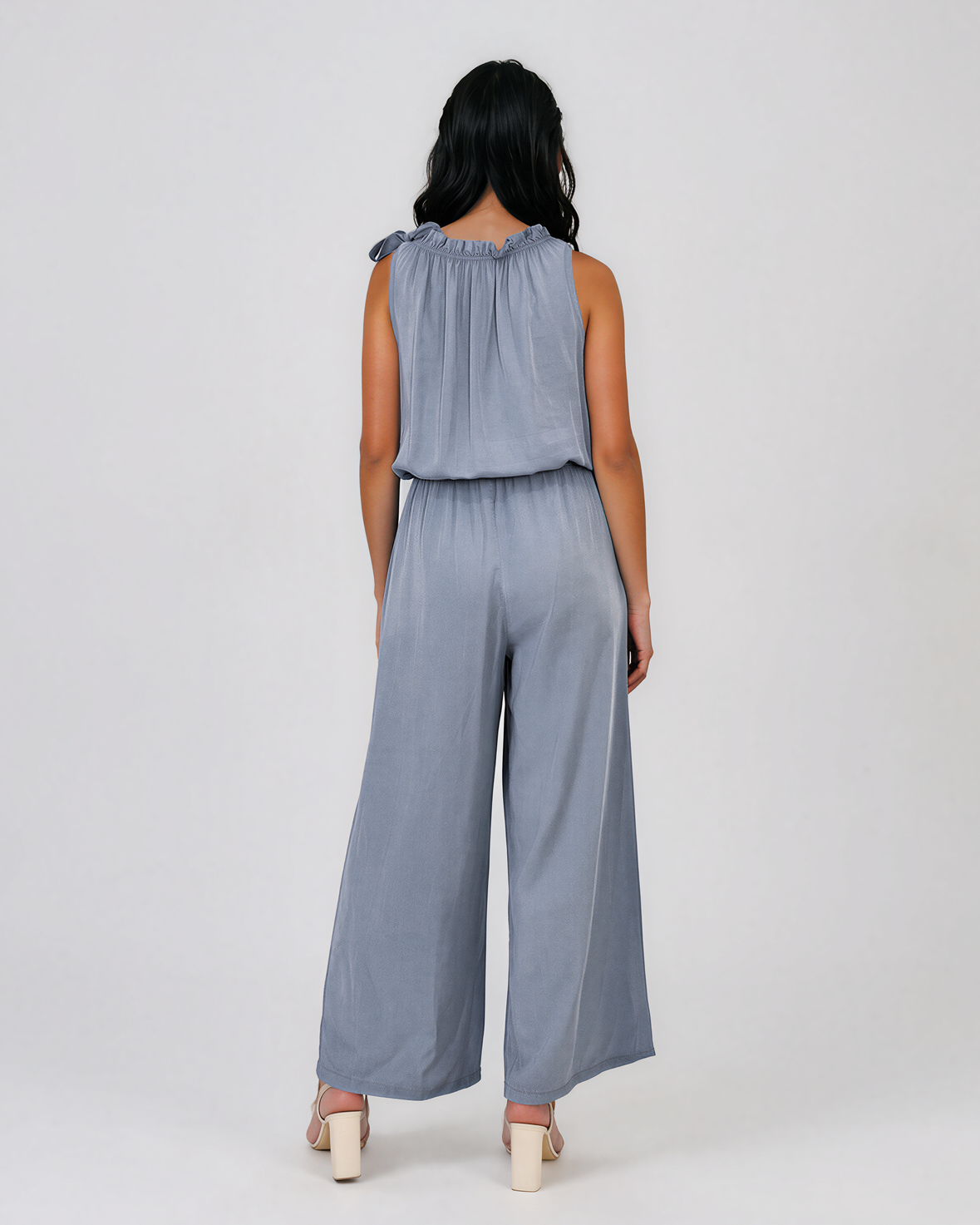 Salopetă lungă fără mâneci cu legătură la gât albastru-jeans HL125