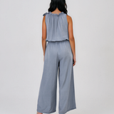 Salopetă lungă fără mâneci cu legătură la gât albastru-jeans HL125