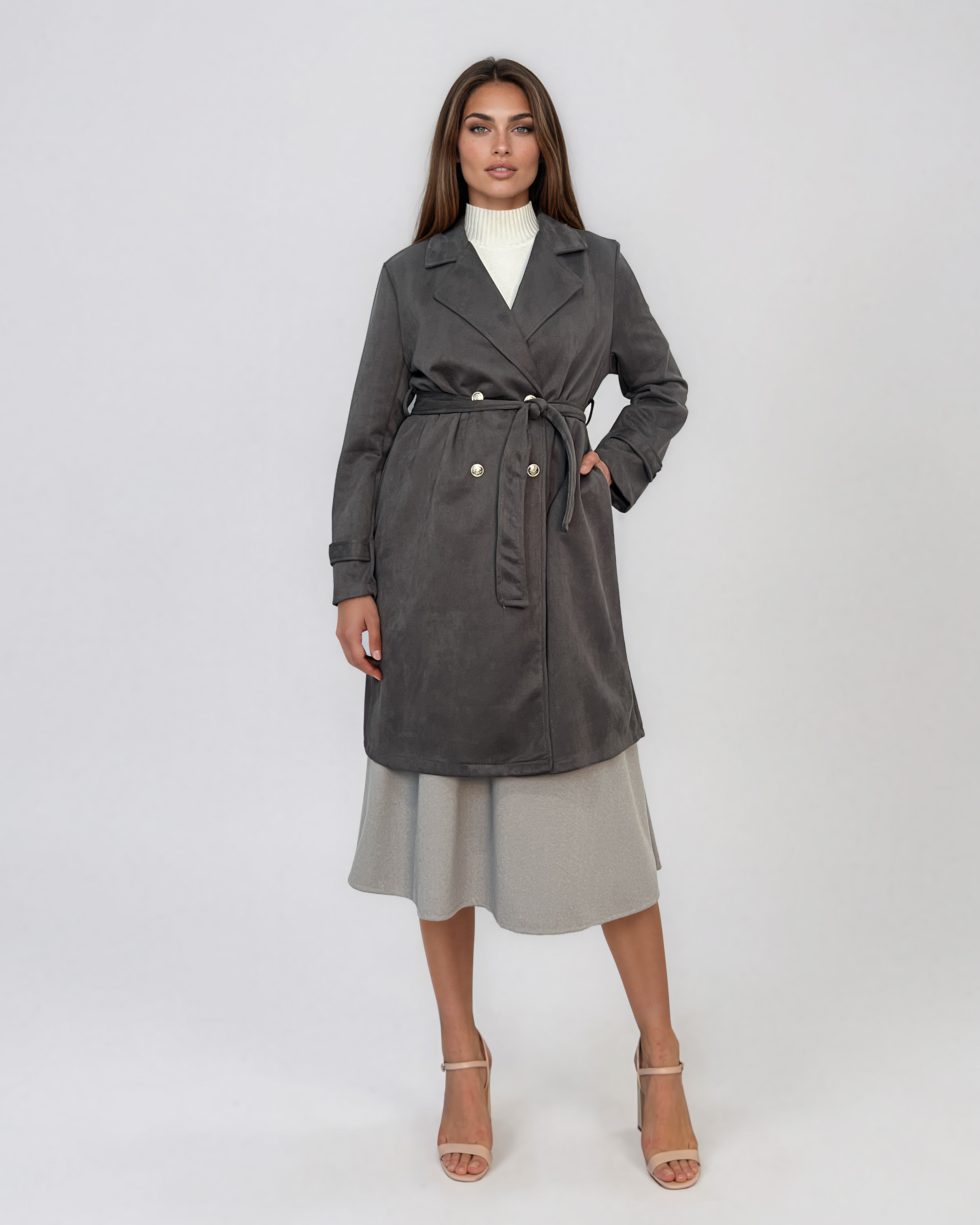 Trench cu aspect de piele întoarsă şi cordon kaki HL243