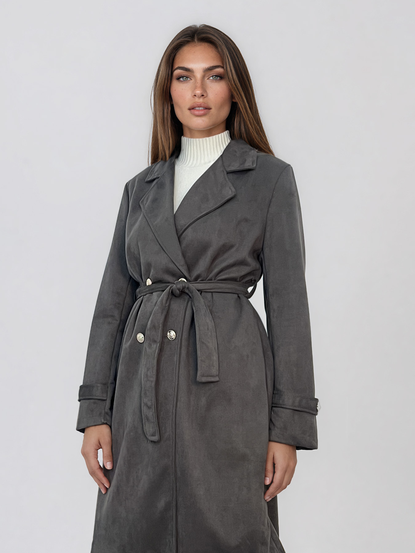 Trench cu aspect de piele întoarsă şi cordon kaki HL243