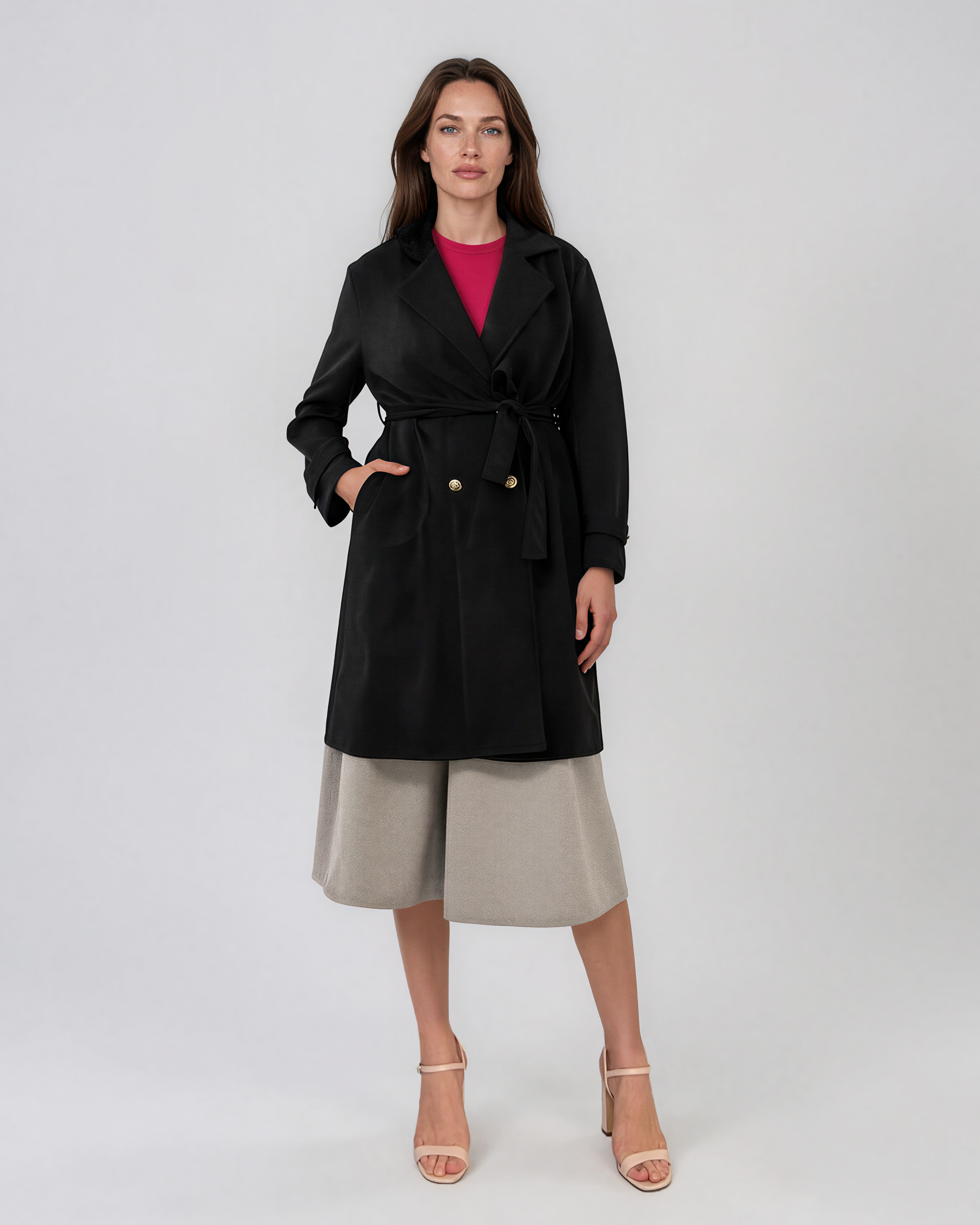 Trench cu aspect de piele întoarsă şi cordon negru HL243