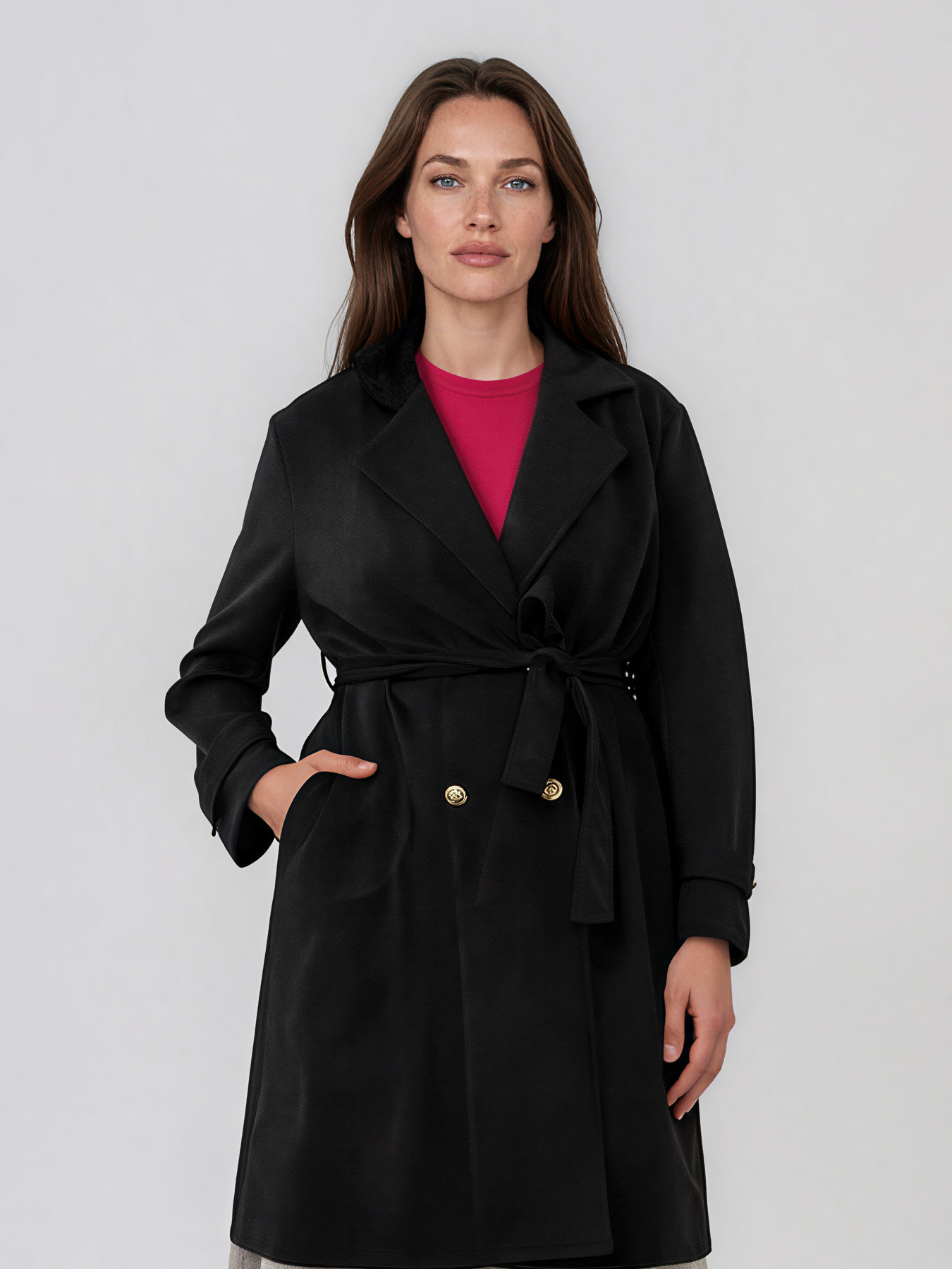 Trench cu aspect de piele întoarsă şi cordon negru HL243