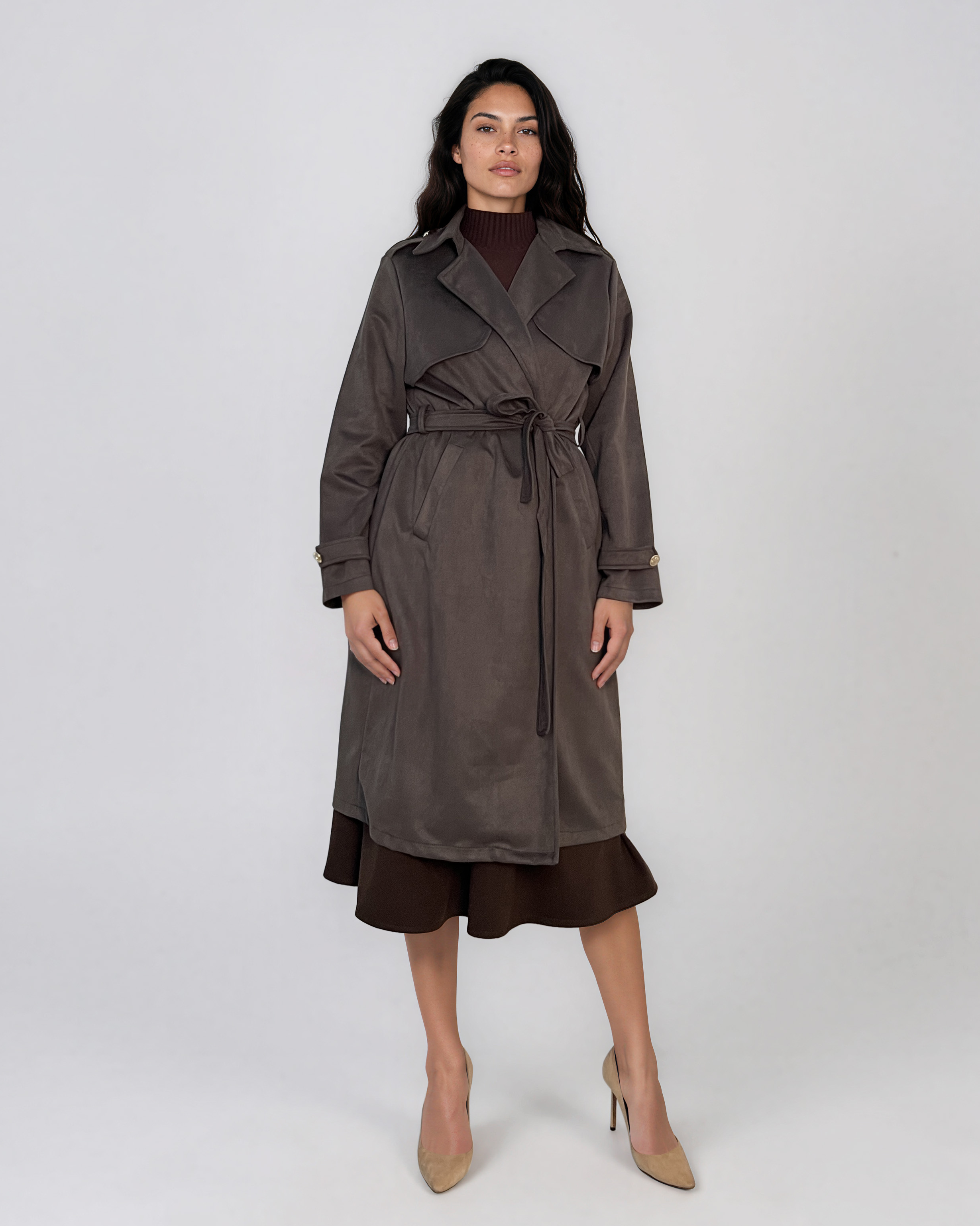 Trench lung cu aspect de piele întoarsă şi cordon kaki HL244