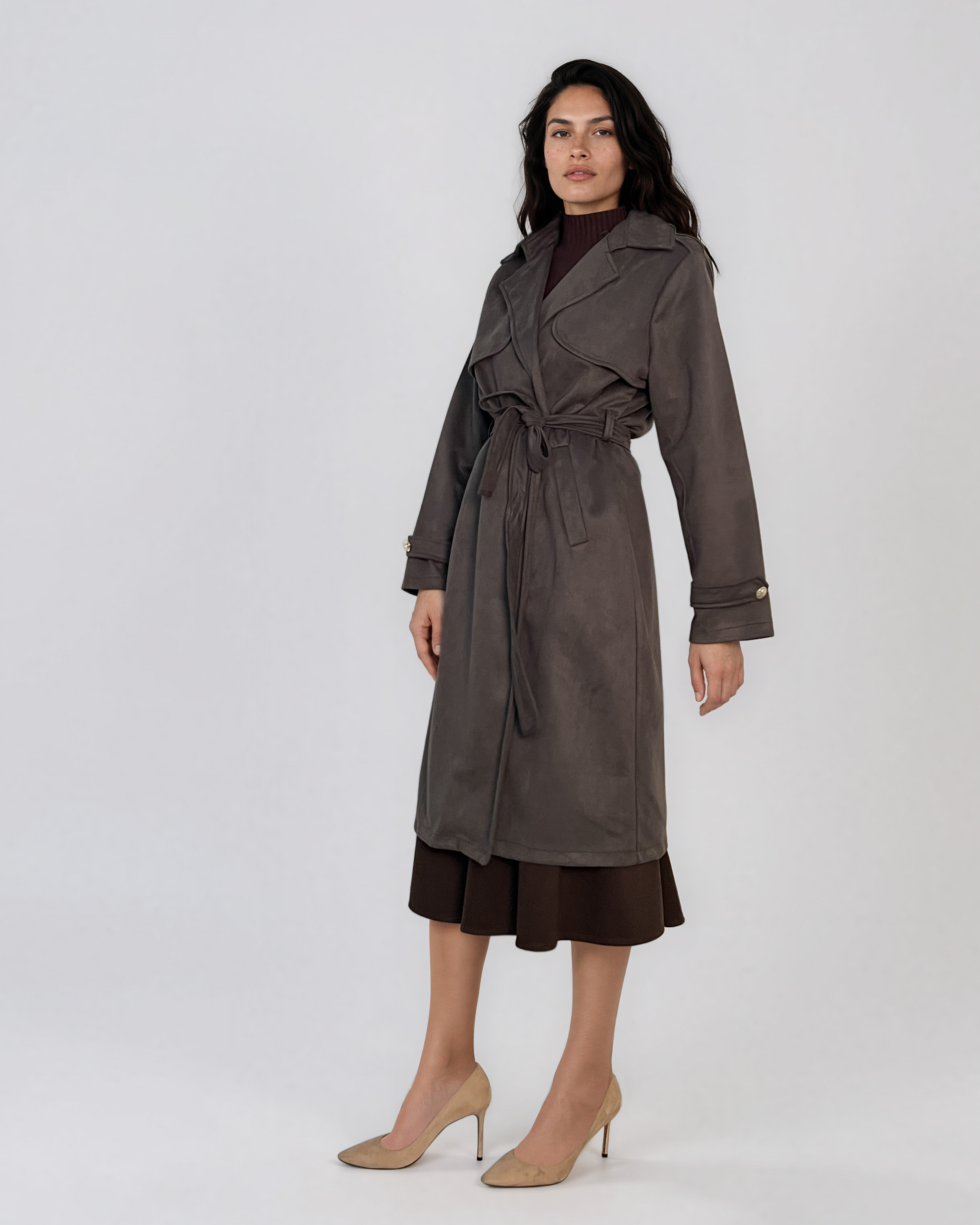 Trench lung cu aspect de piele întoarsă şi cordon kaki HL244