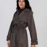 Trench lung cu aspect de piele întoarsă şi cordon kaki HL244