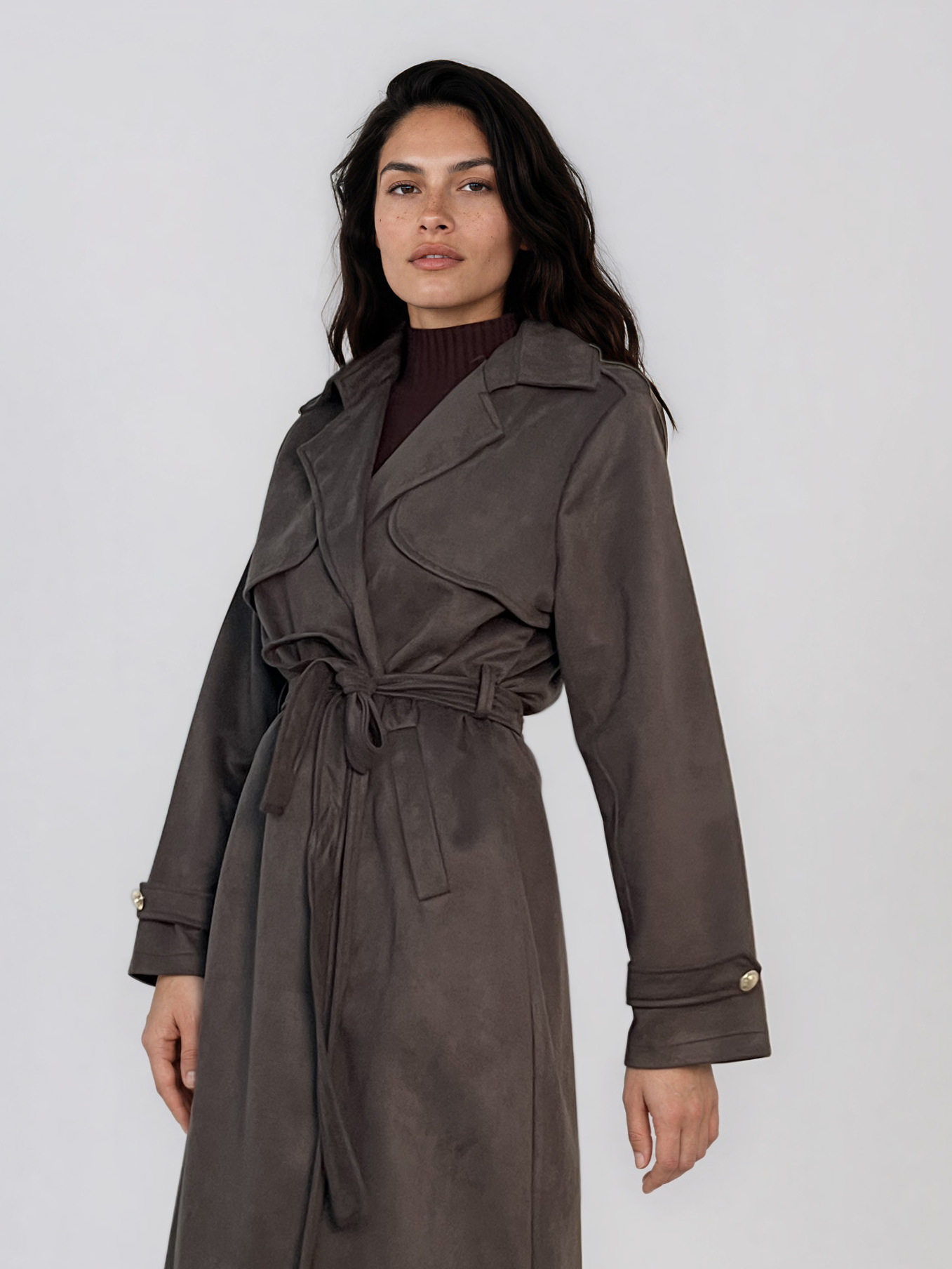 Trench lung cu aspect de piele întoarsă şi cordon kaki HL244