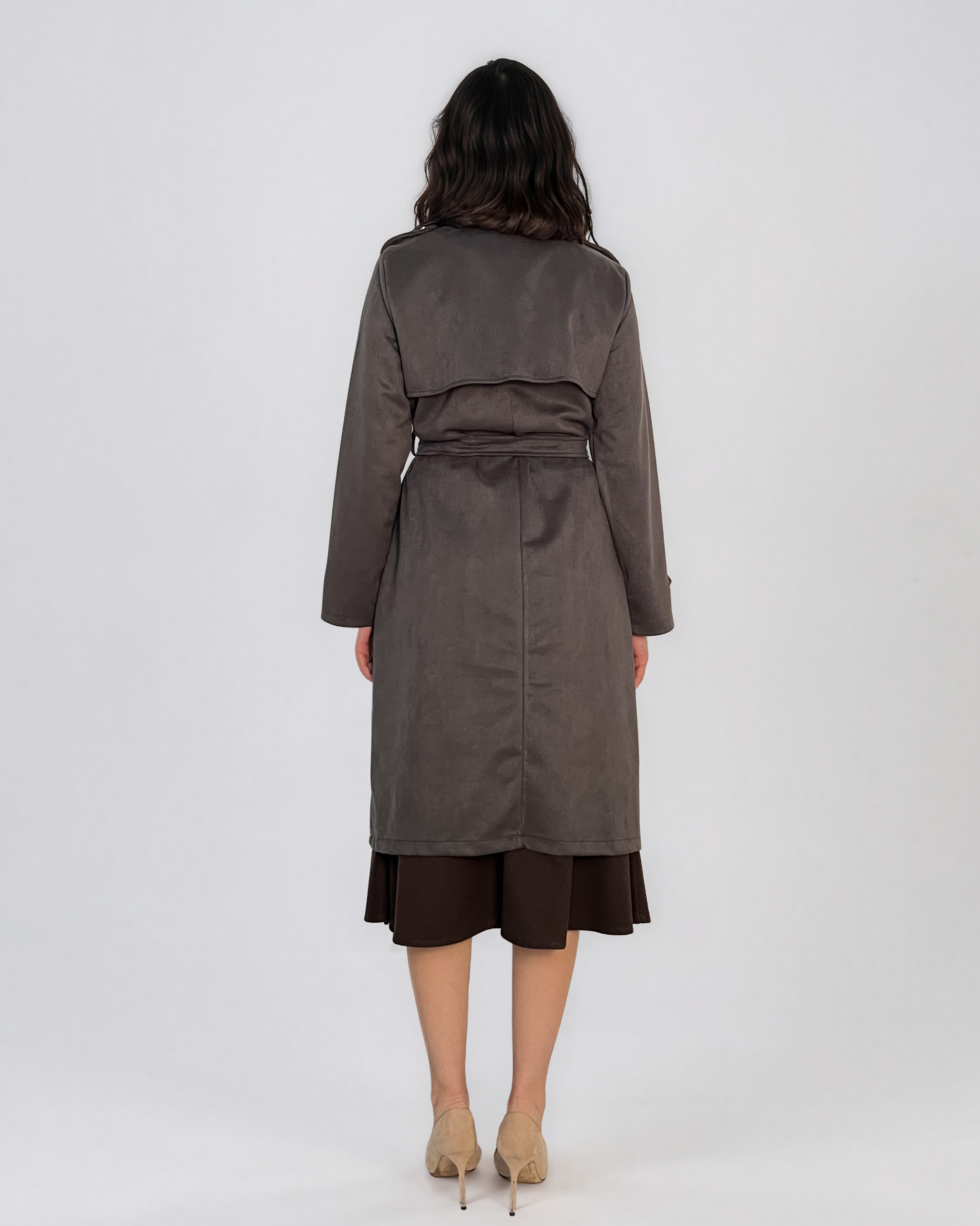 Trench lung cu aspect de piele întoarsă şi cordon kaki HL244