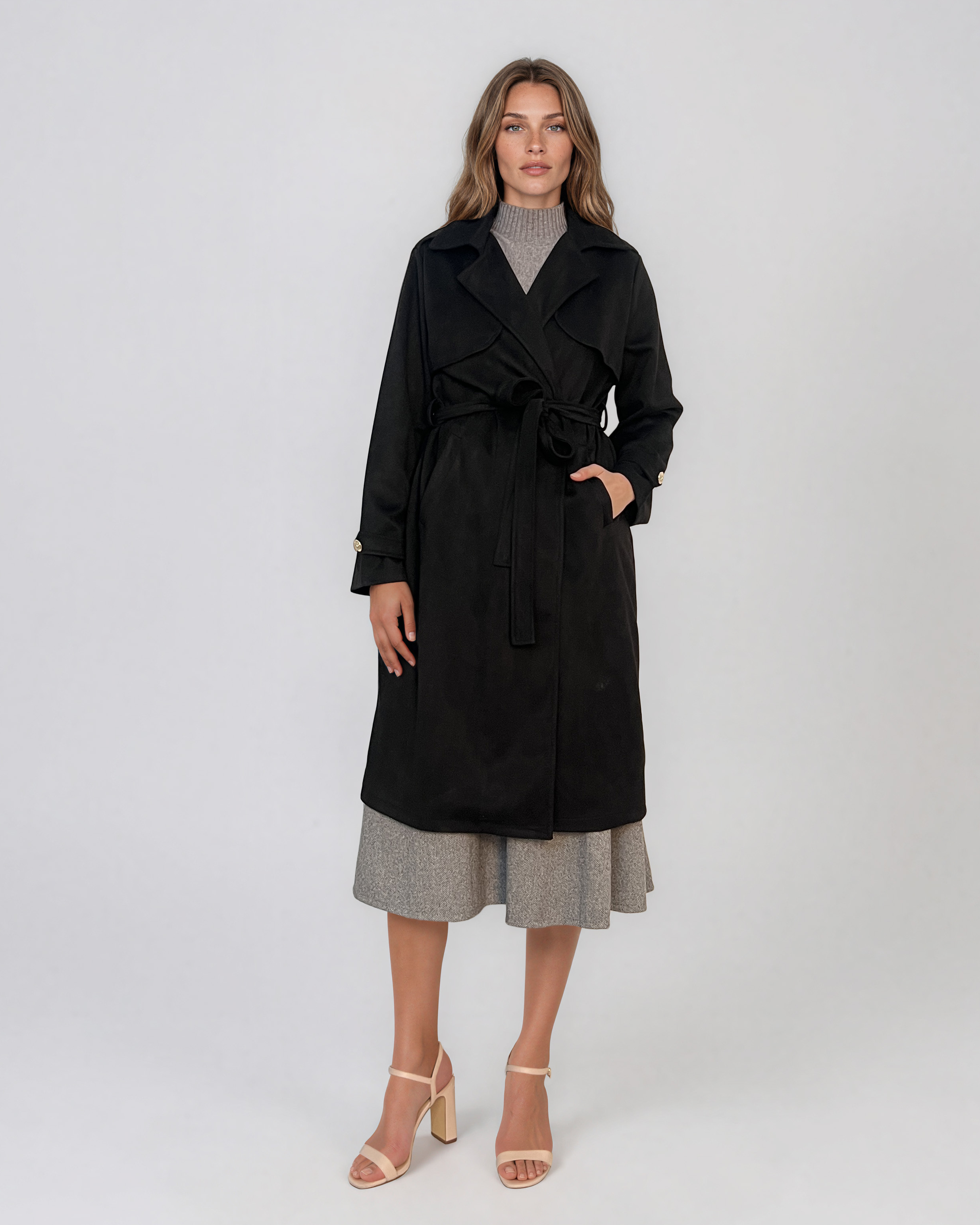 Trench lung cu aspect de piele întoarsă şi cordon negru HL244