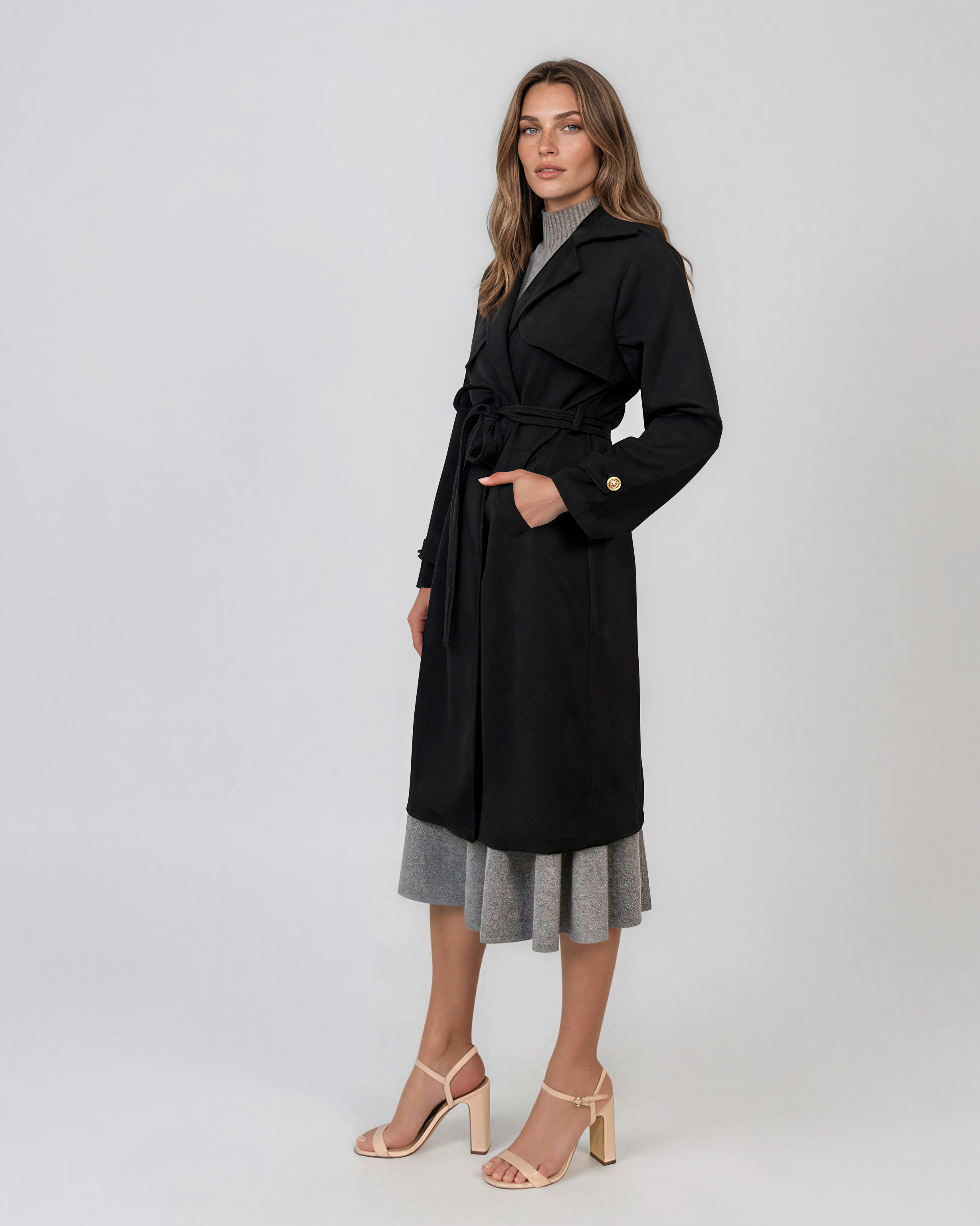 Trench lung cu aspect de piele întoarsă şi cordon negru HL244