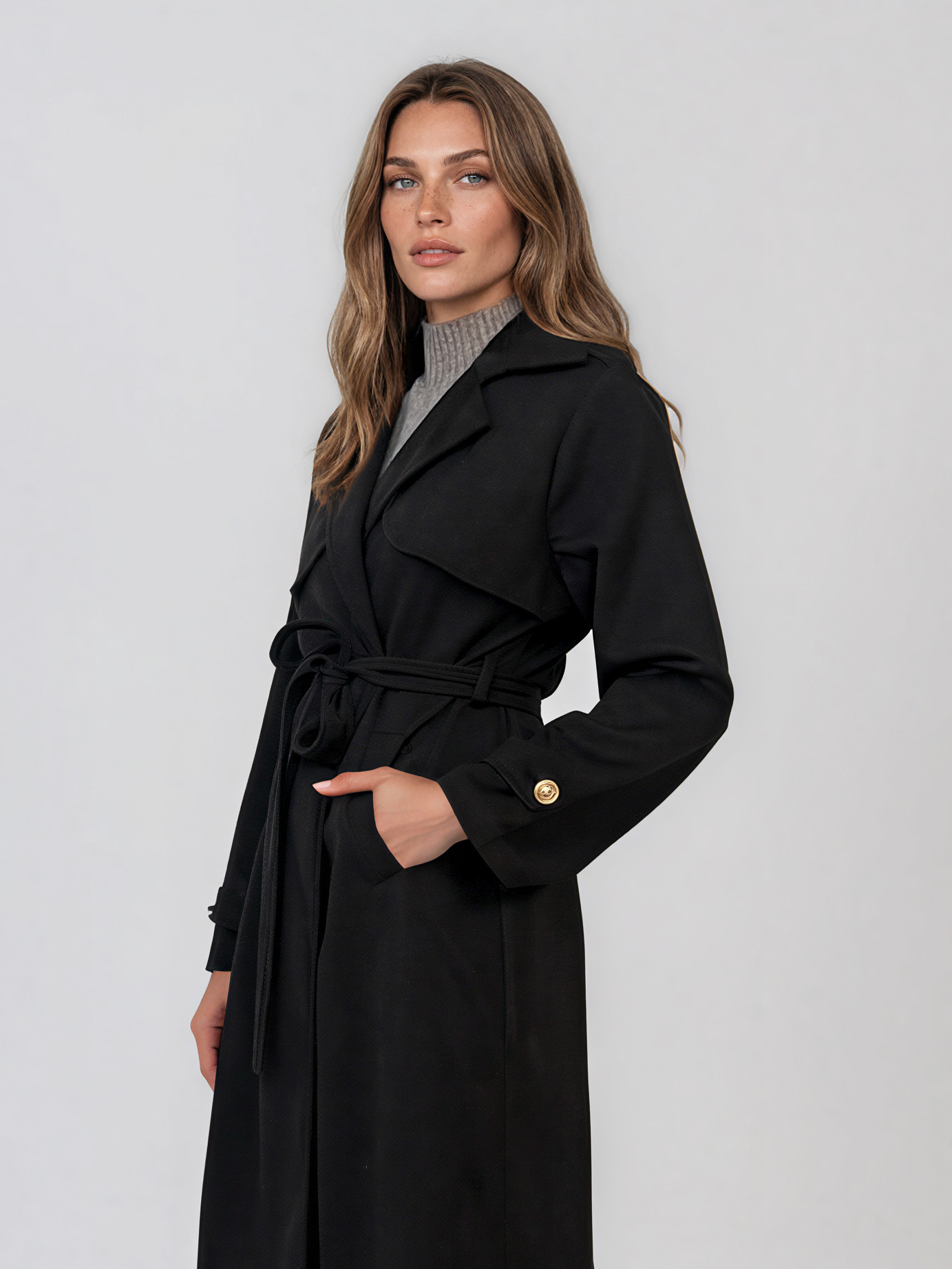 Trench lung cu aspect de piele întoarsă şi cordon negru HL244