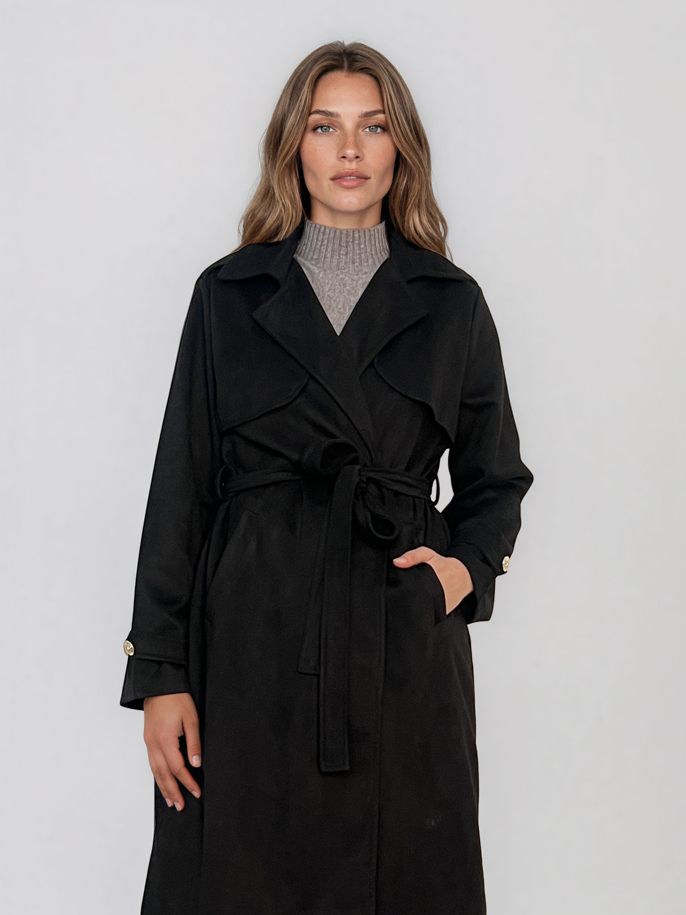 Trench lung cu aspect de piele întoarsă şi cordon negru HL244