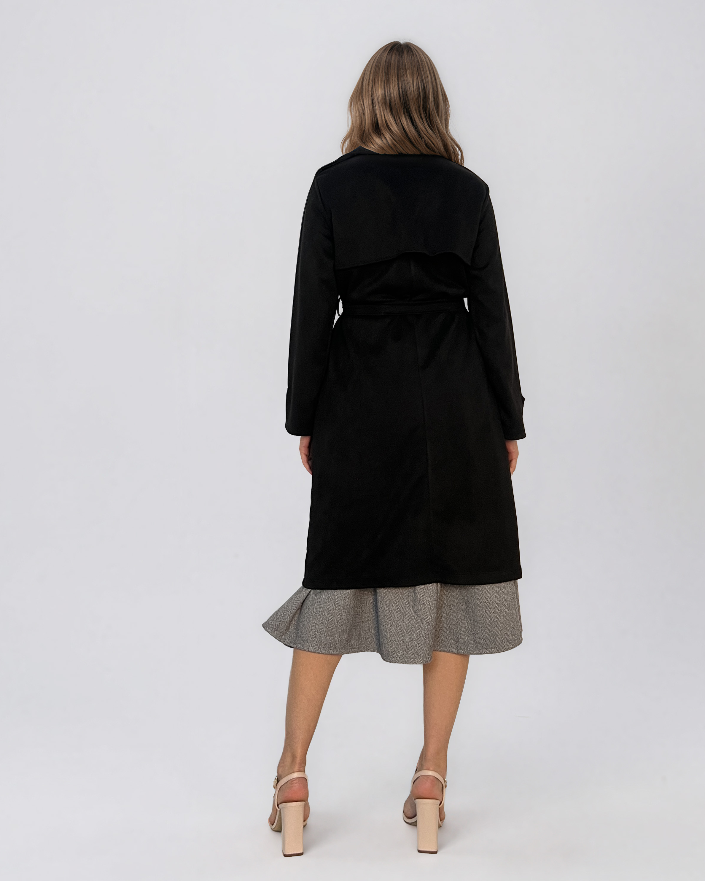 Trench lung cu aspect de piele întoarsă şi cordon negru HL244