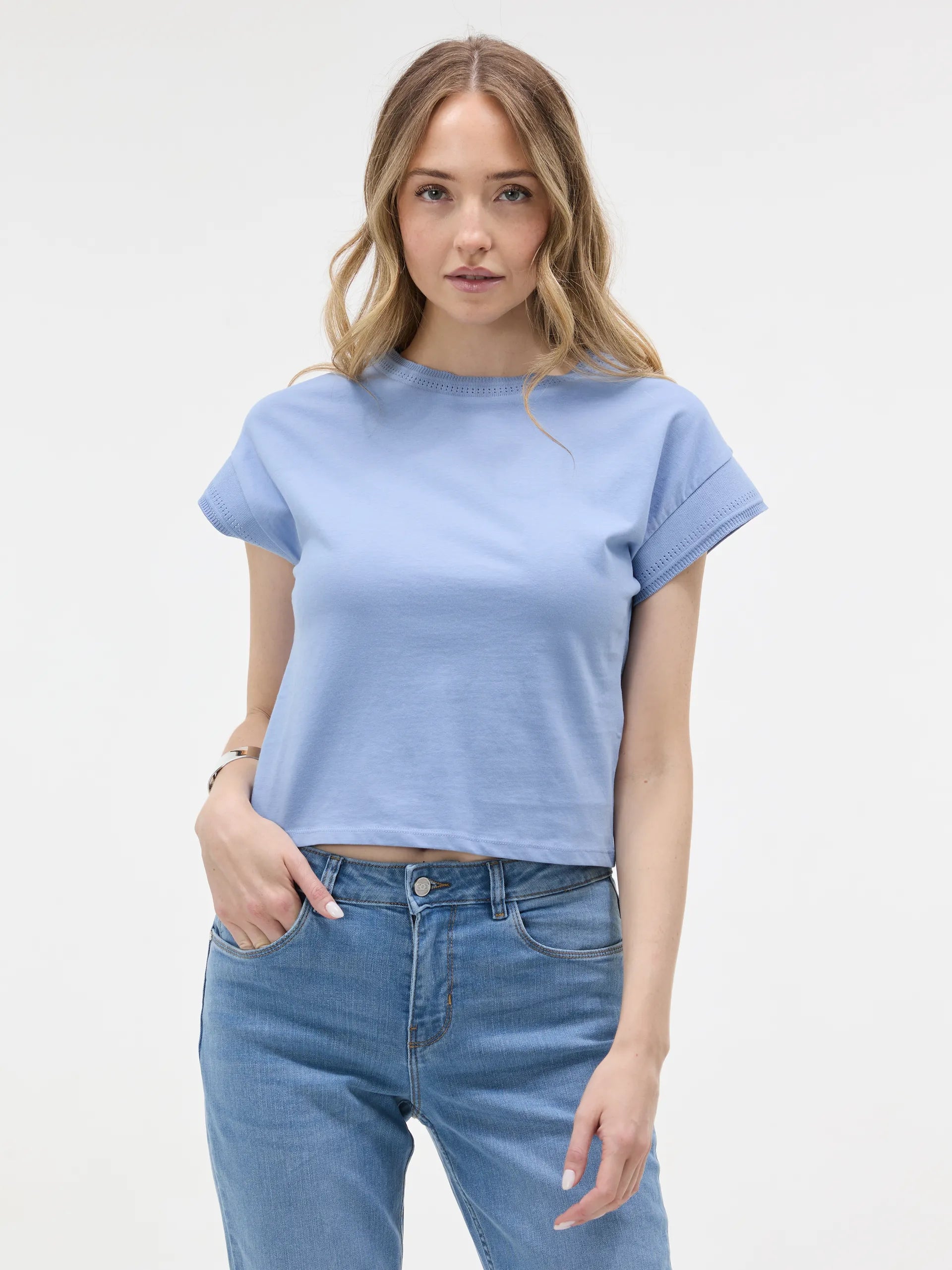 Tricou bumbac cu decolteu rotund și model perforat ORSAY bleu ORS029