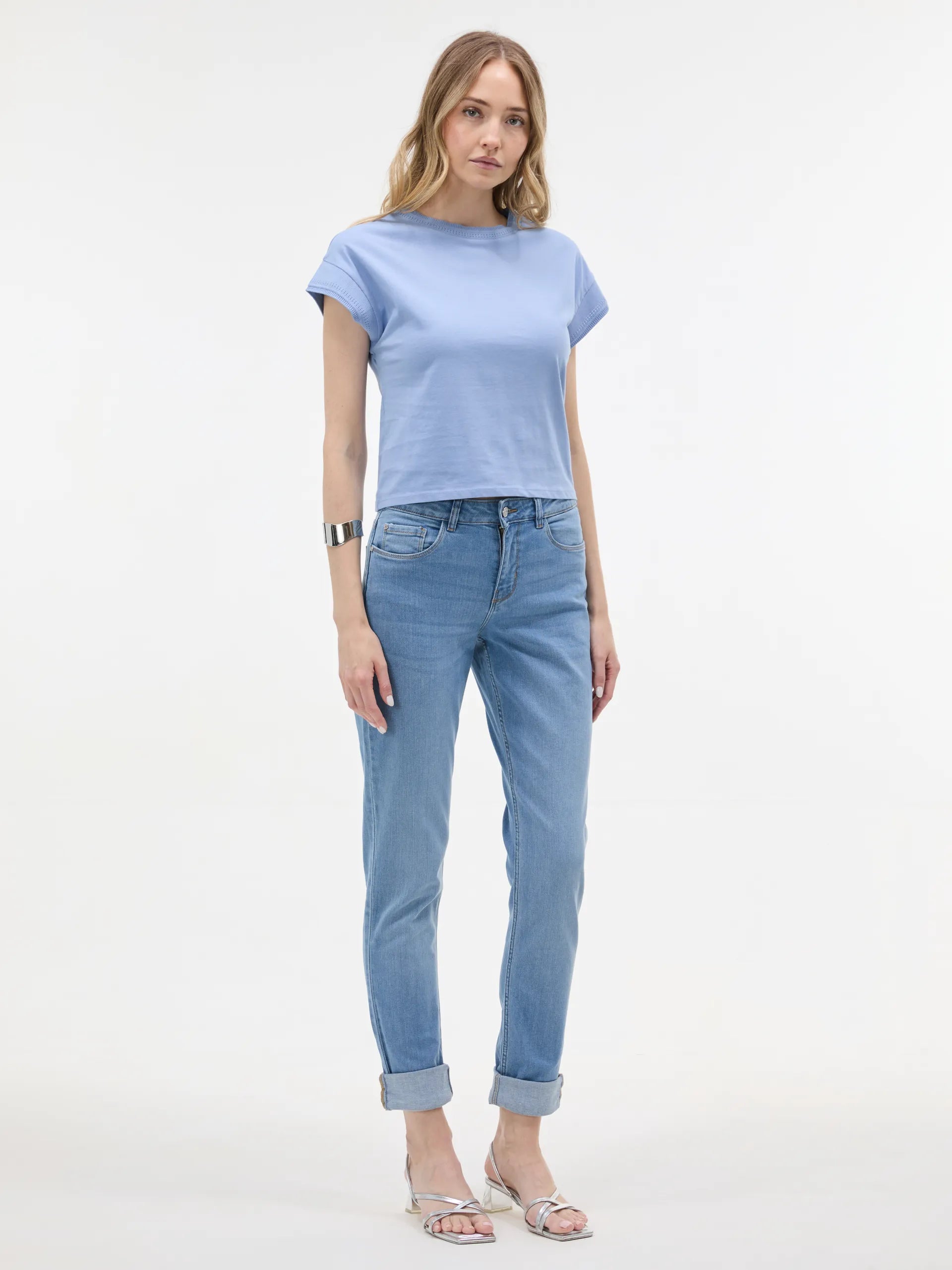 Tricou bumbac cu decolteu rotund și model perforat ORSAY bleu ORS029
