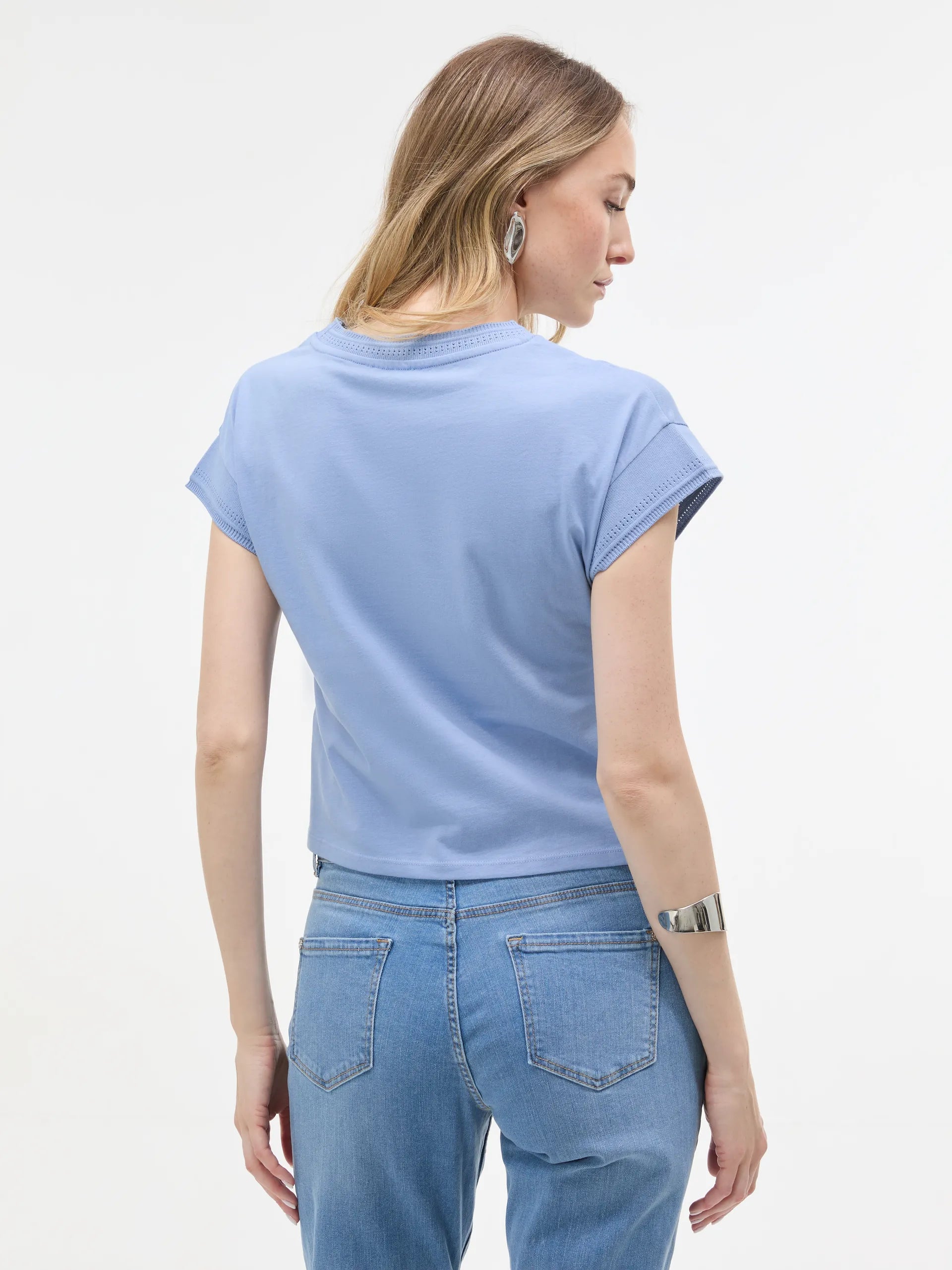Tricou bumbac cu decolteu rotund și model perforat ORSAY bleu ORS029