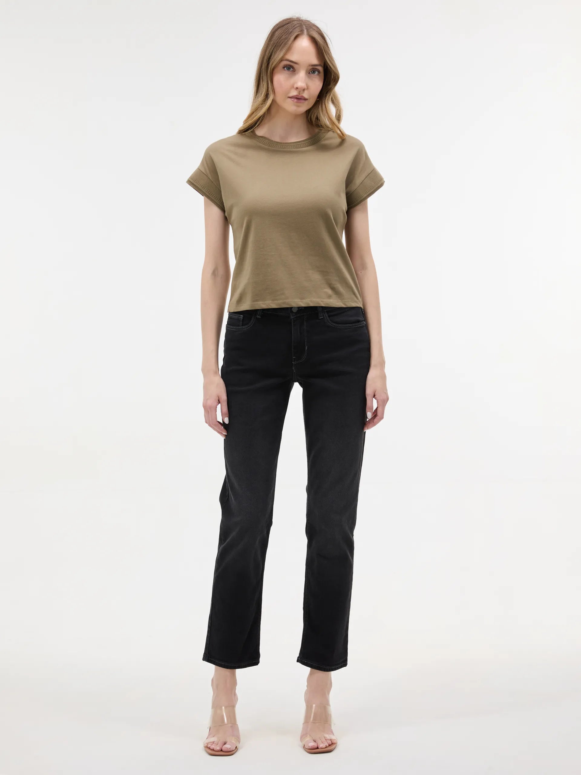 Tricou bumbac cu decolteu rotund și model perforat ORSAY kaki ORS029