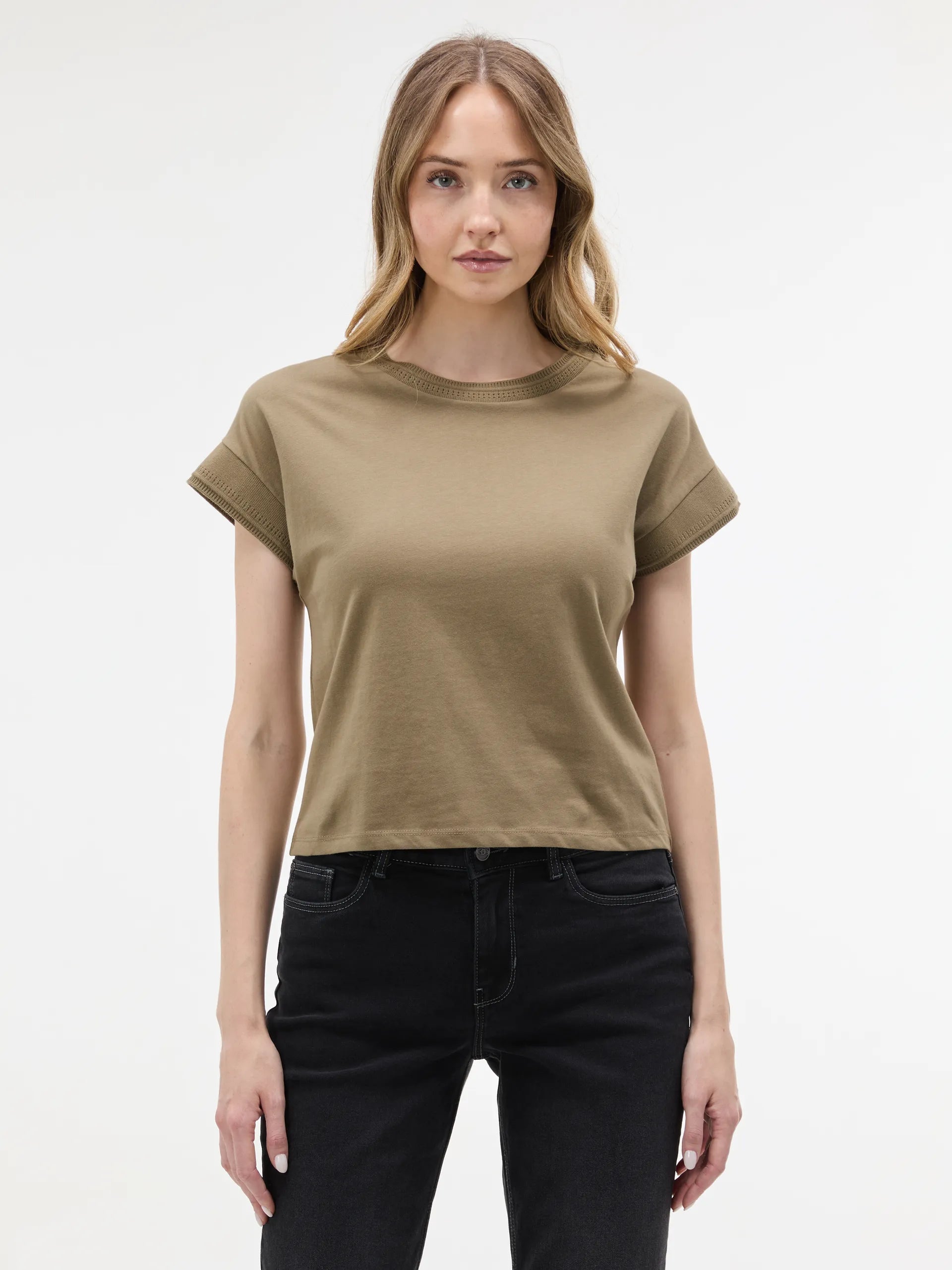 Tricou bumbac cu decolteu rotund și model perforat ORSAY kaki ORS029
