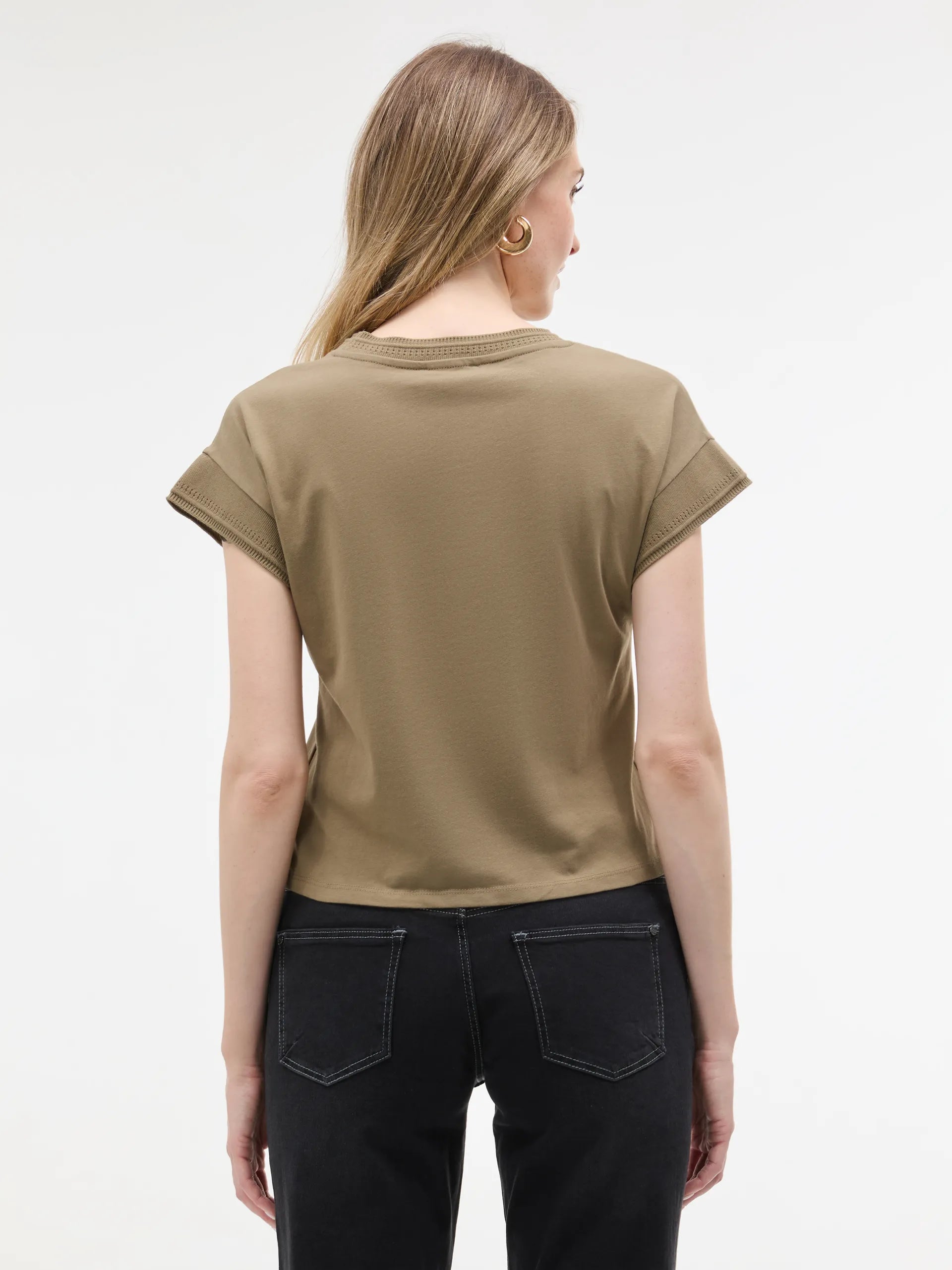 Tricou bumbac cu decolteu rotund și model perforat ORSAY kaki ORS029
