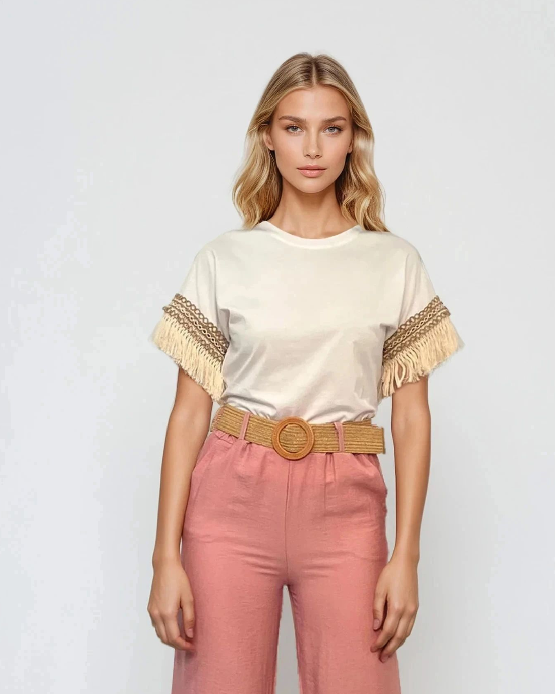 Tricou cu franjuri la mânecă alb 