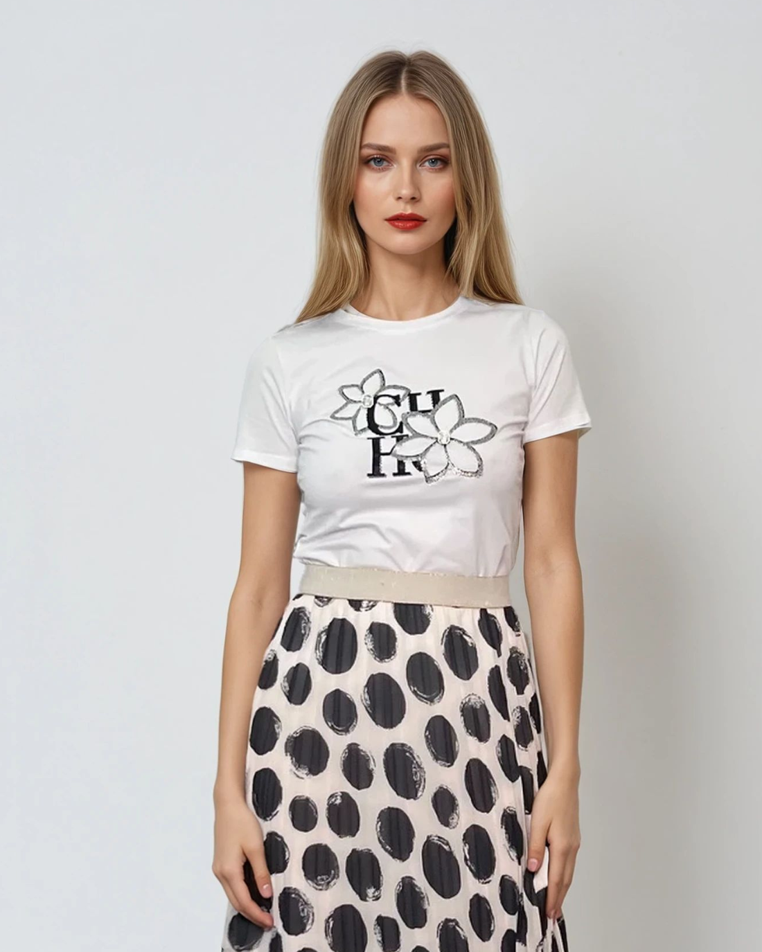 Tricou cu imprimeu floral cu paiete alb 
