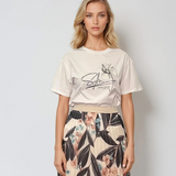 Tricou cu strasuri aplicate, print floare și mesaj alb 