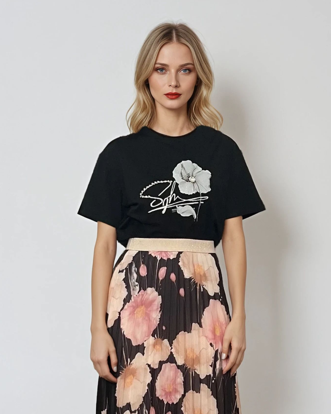 Tricou cu strasuri aplicate, print floare și mesaj negru 