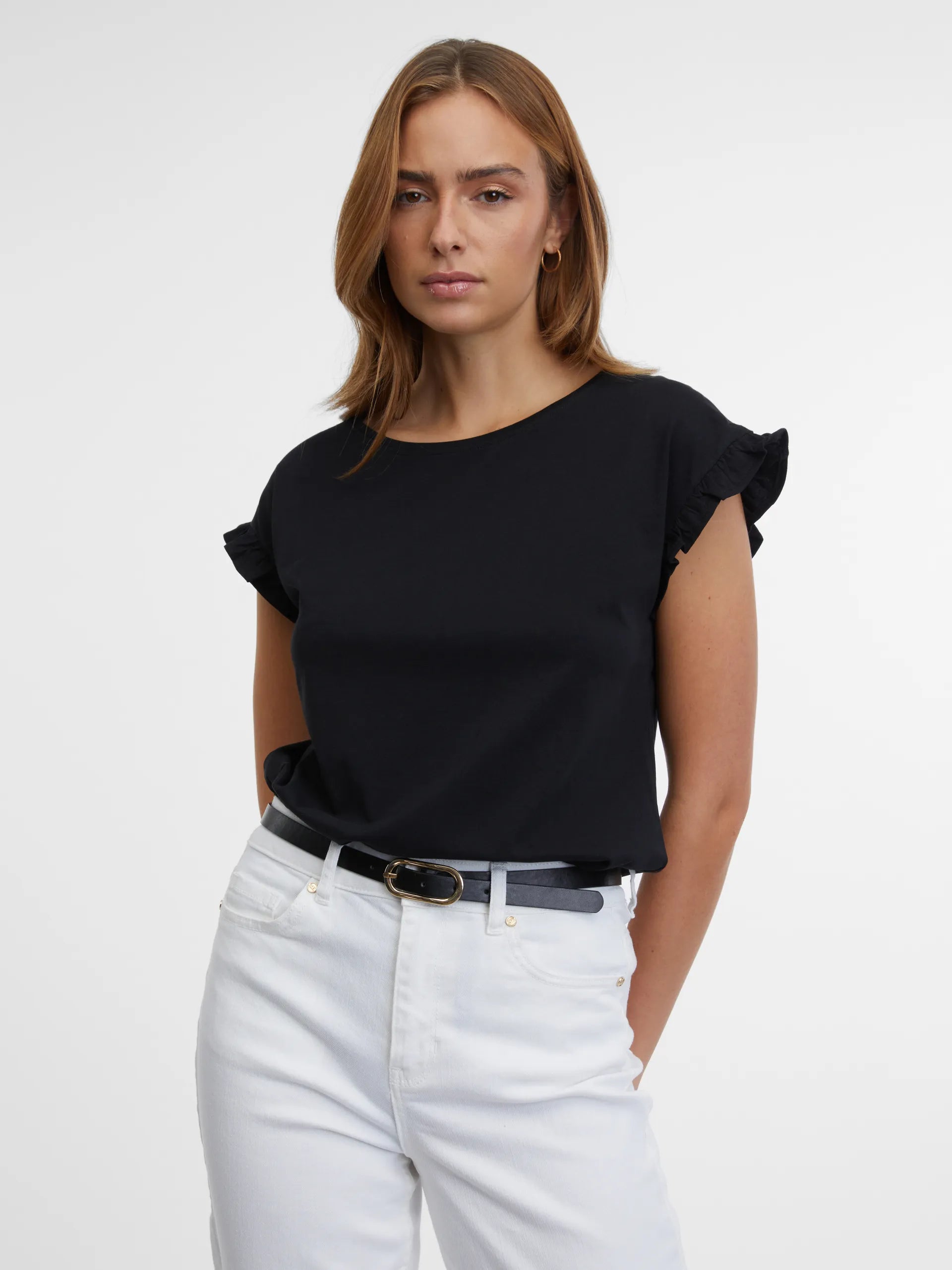 Tricou din bumbac cu volane la umeri ORSAY negru ORS014