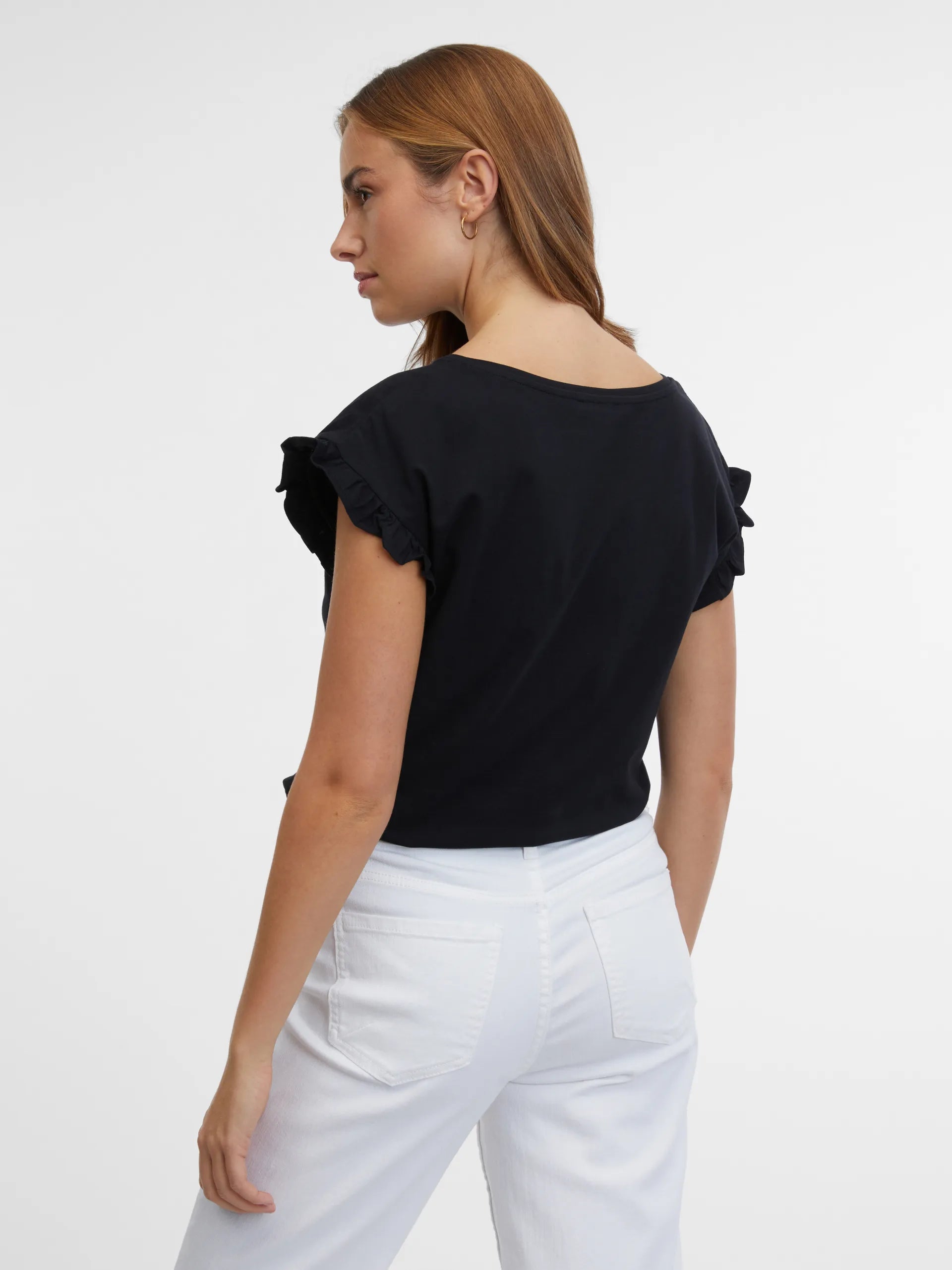 Tricou din bumbac cu volane la umeri ORSAY negru ORS014