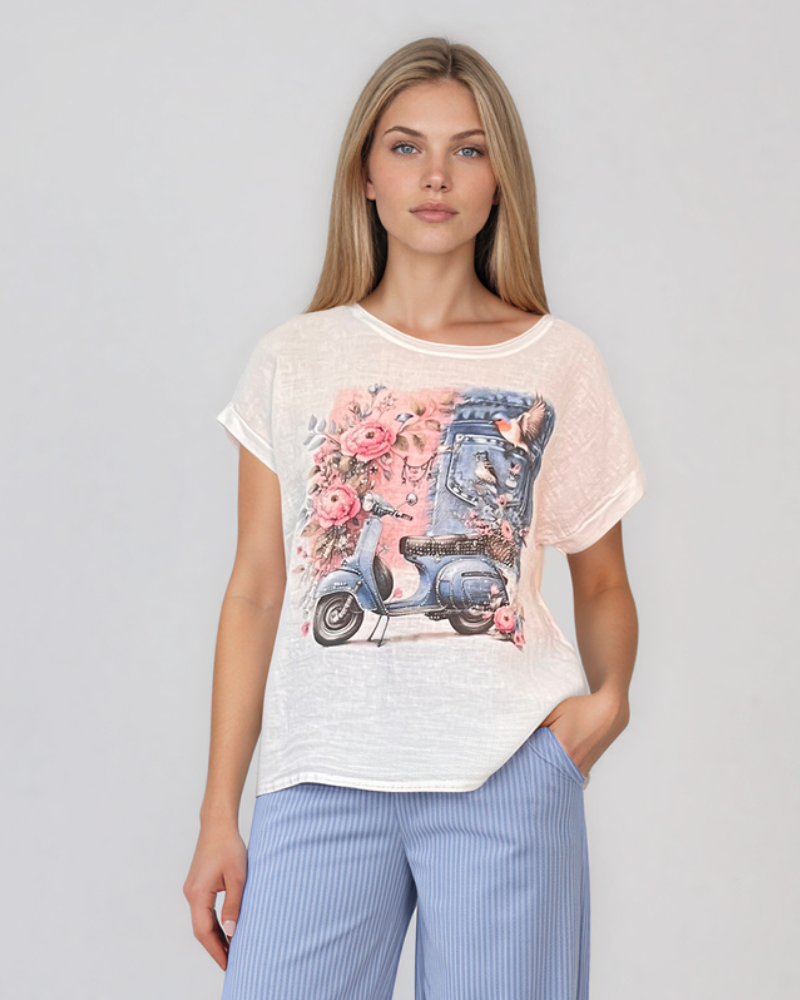 Tricou din in și bumbac cu print alb-albastru HL080