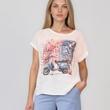 Tricou din in și bumbac cu print alb-albastru HL080