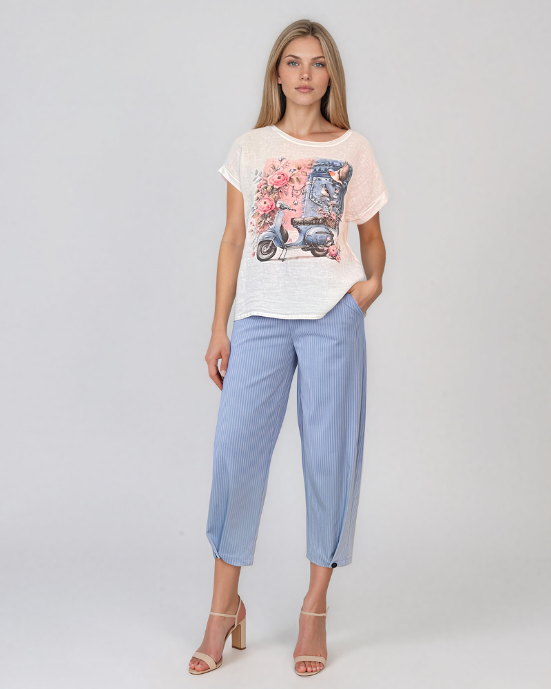 Tricou din in și bumbac cu print alb-albastru HL080