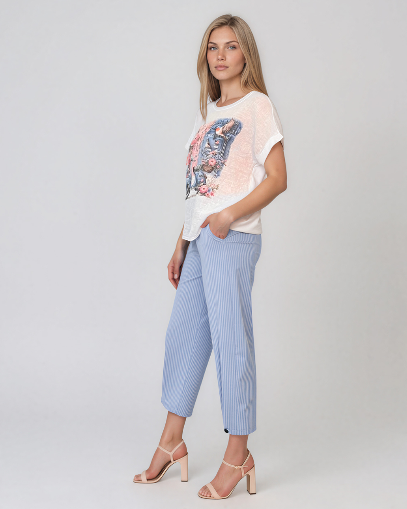 Tricou din in și bumbac cu print alb-albastru HL080