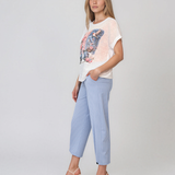 Tricou din in și bumbac cu print alb-albastru HL080