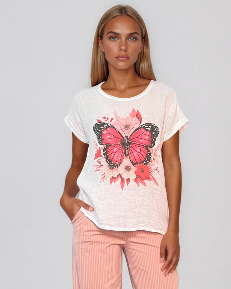 Tricou din in și bumbac cu print alb-ciclam HL080