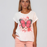 Tricou din in și bumbac cu print alb-ciclam HL080